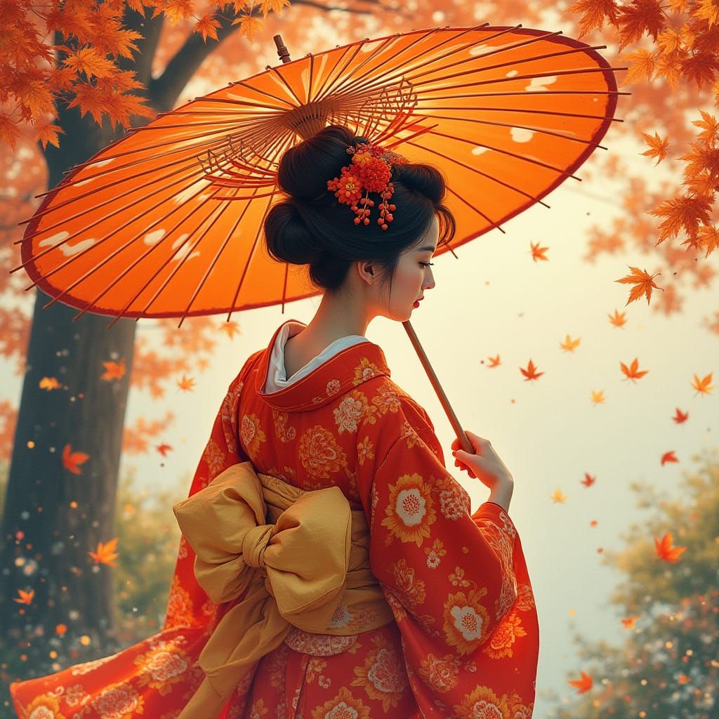 Japanese Woman in Kimono with Autumn Foliage