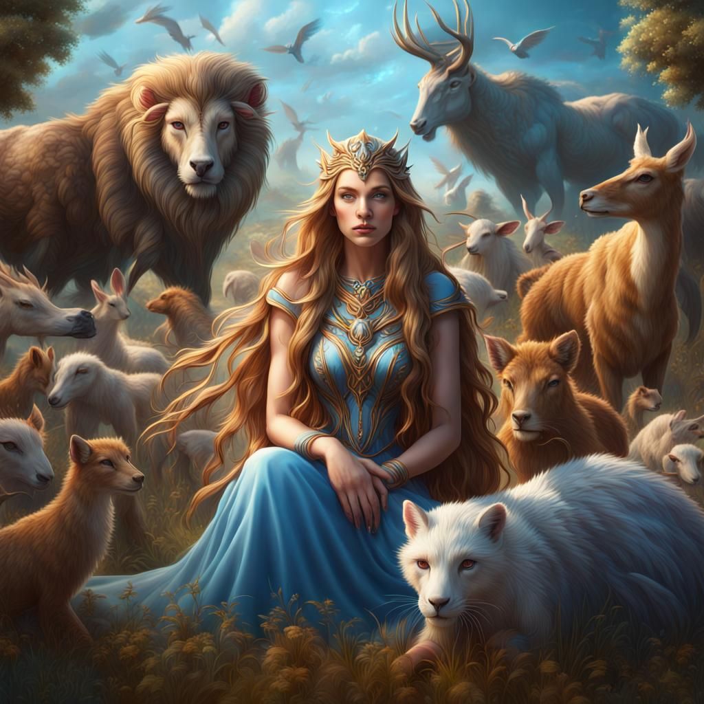 Animal Goddess in a Lush Field: Fantasy Art
