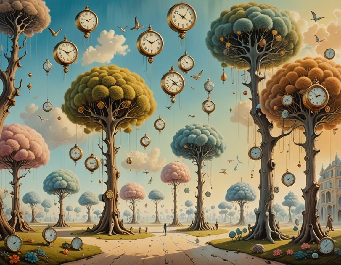 Surreal Clock Orchard in Dreamlike Airbrush Art