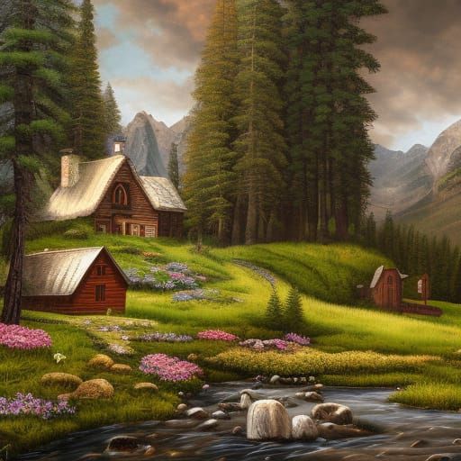 Cottagecore House in Mountain Meadow, Oil Painting