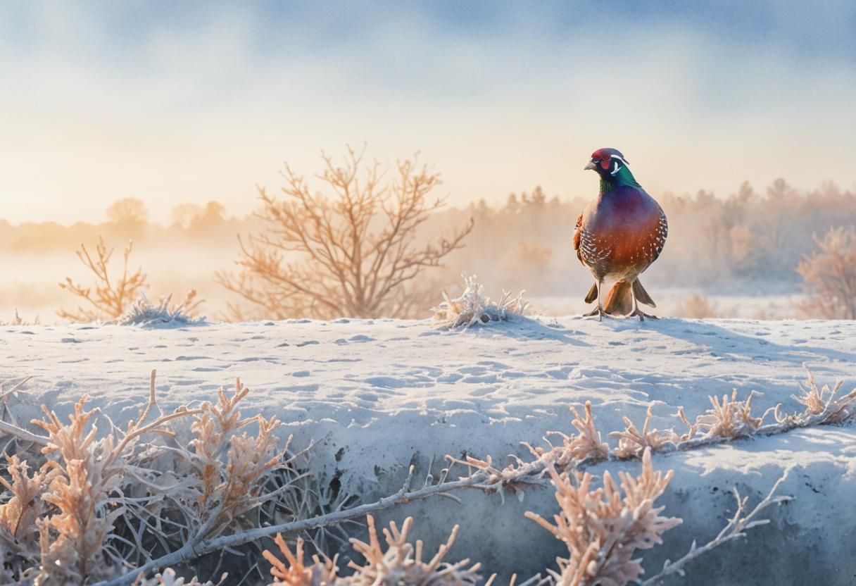 Pheasant on Frosty Branch in Watercolor Style