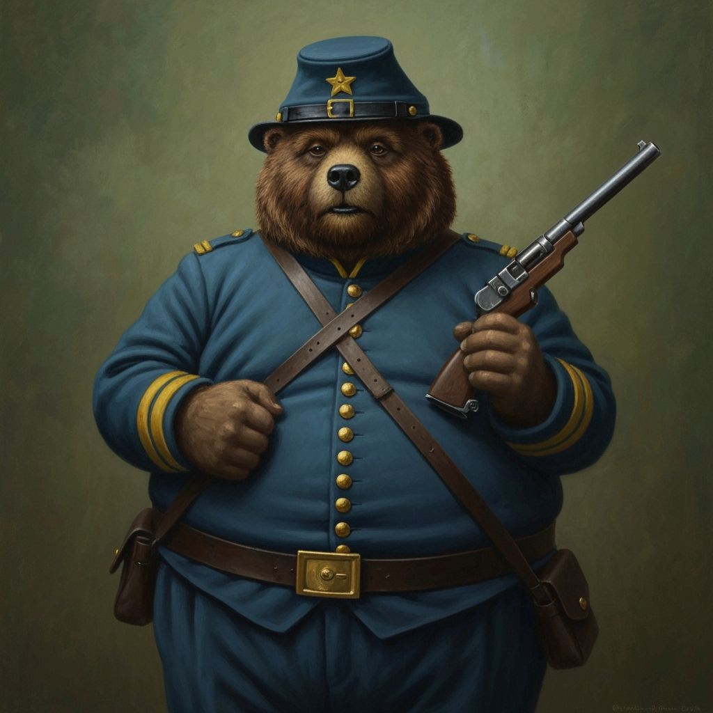 Obese Bear Civil War Soldier Holding Pistol Oil Painting