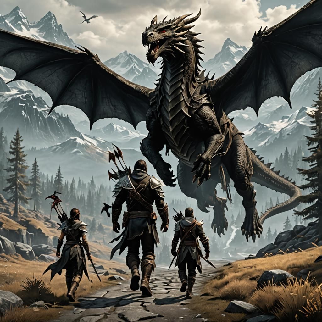 Skyrim Archer and Dragon Fantasy Scene