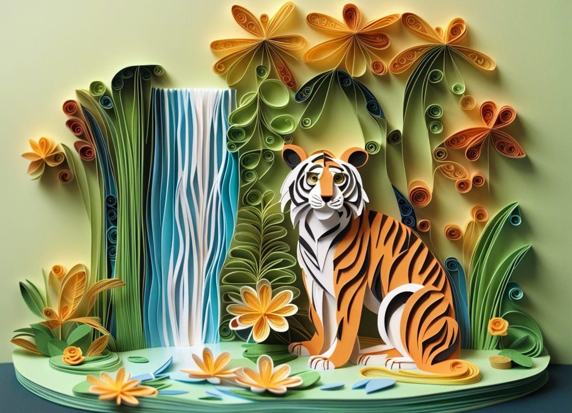 Paper Craft Tiger at Jungle Waterfall
