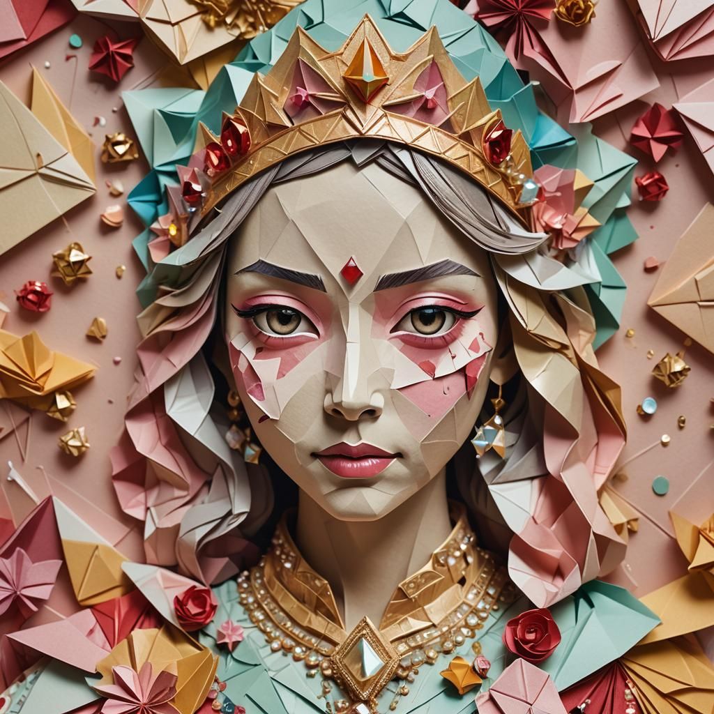 Origami Princess Portrait with Jewels and Blood