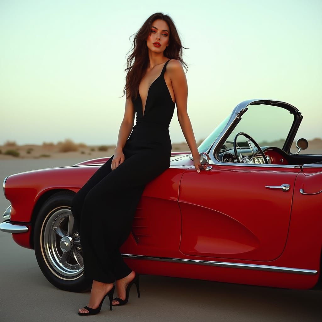 Glamorous Supermodel Relaxing on a Vibrant Red Sports Car