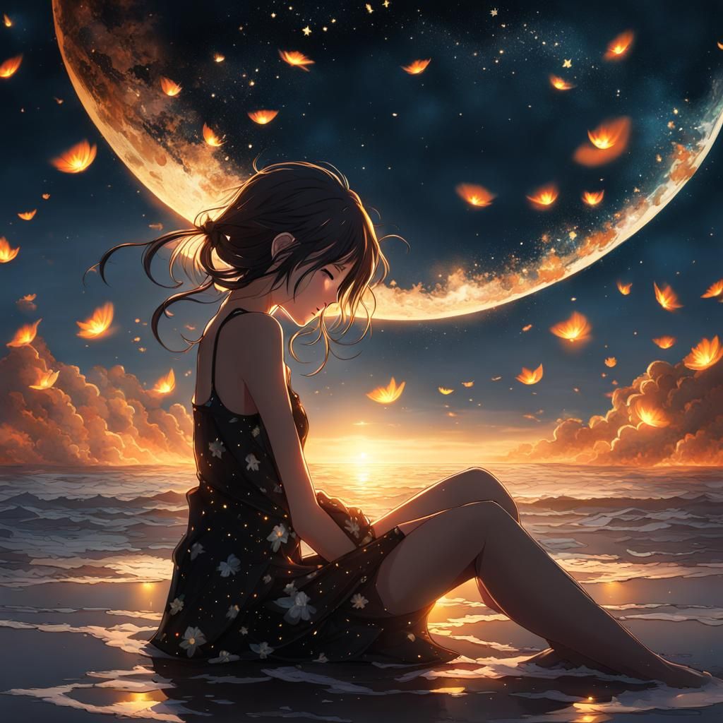 Noir Anime Girl Gazing at Shattered Moon
