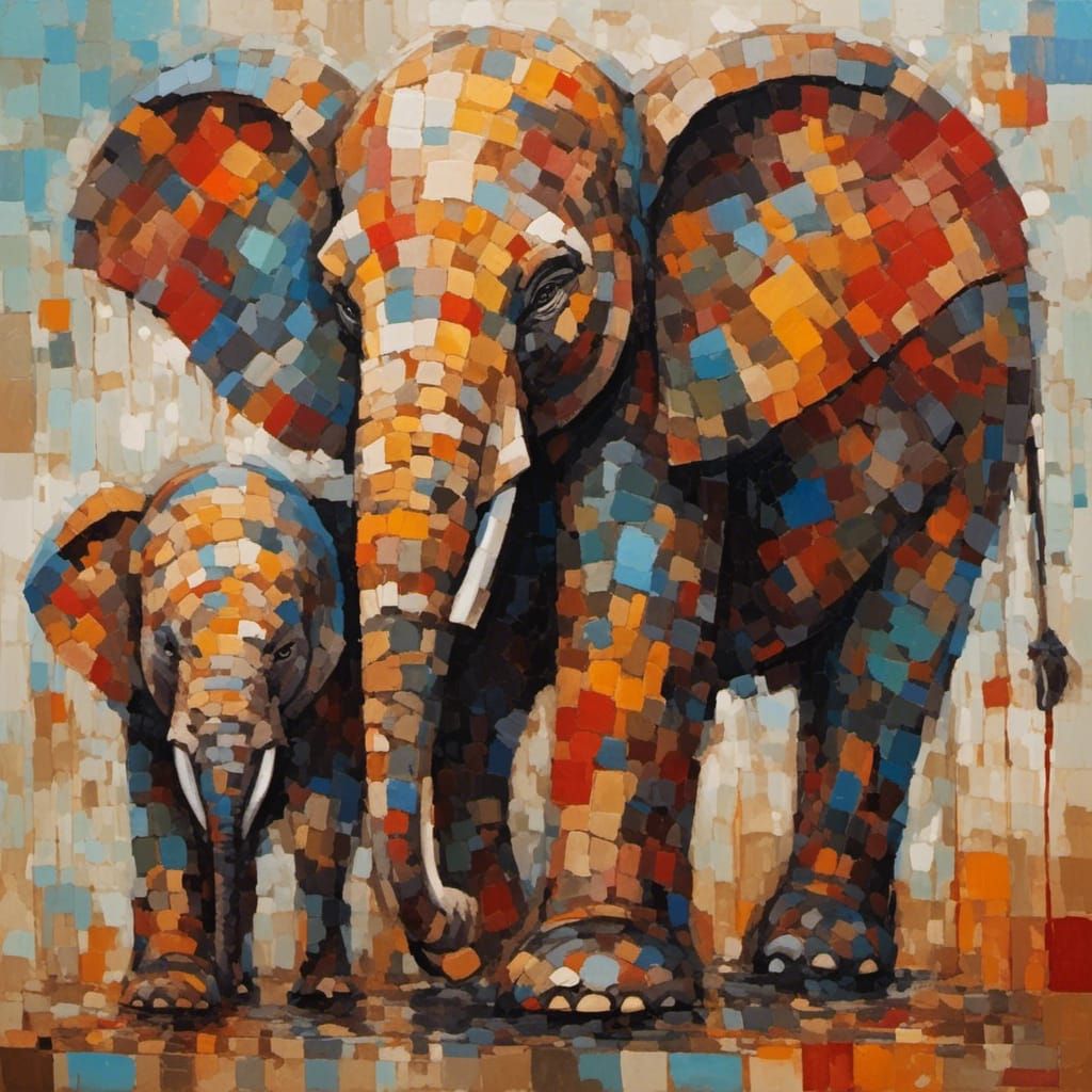 Cubist Elephant Painting with Figures in Warm Colors