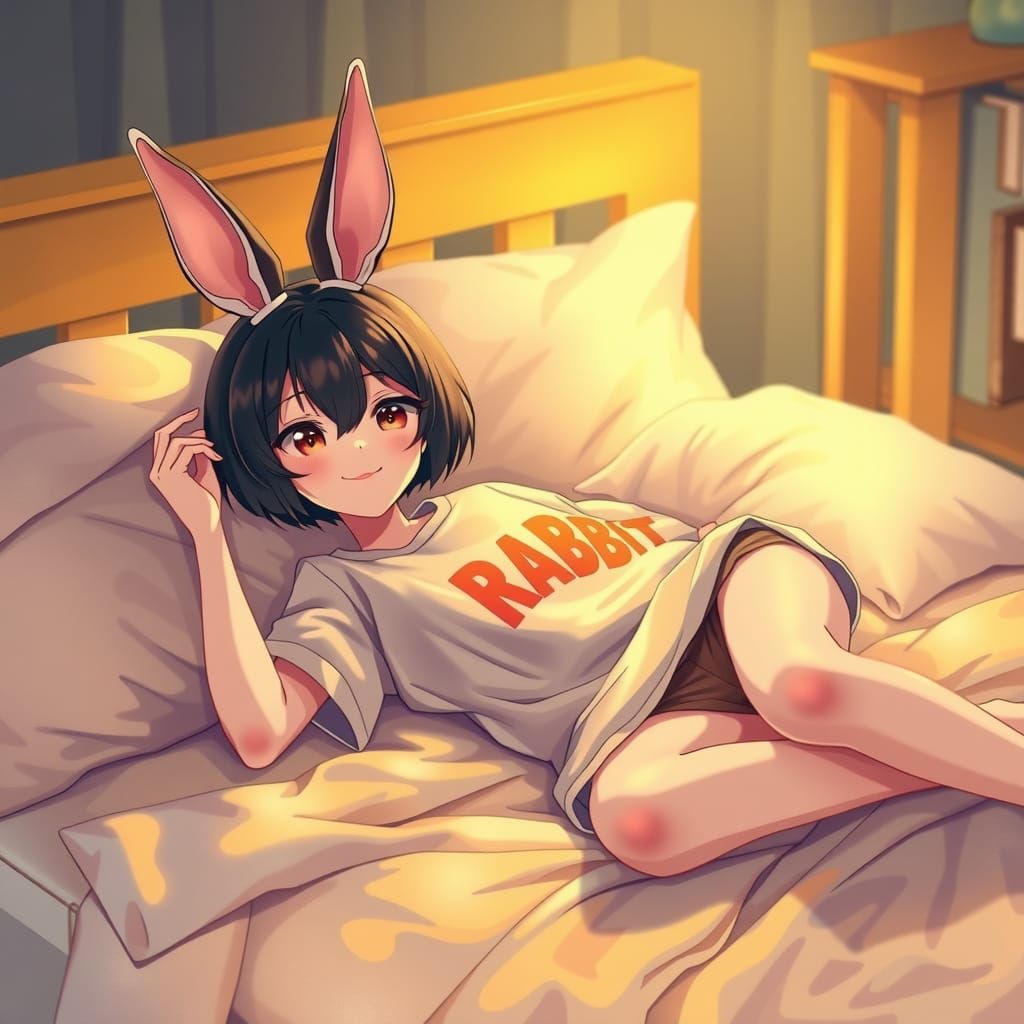 Anime Rabbit Girl in Dreamy Bedroom Scene