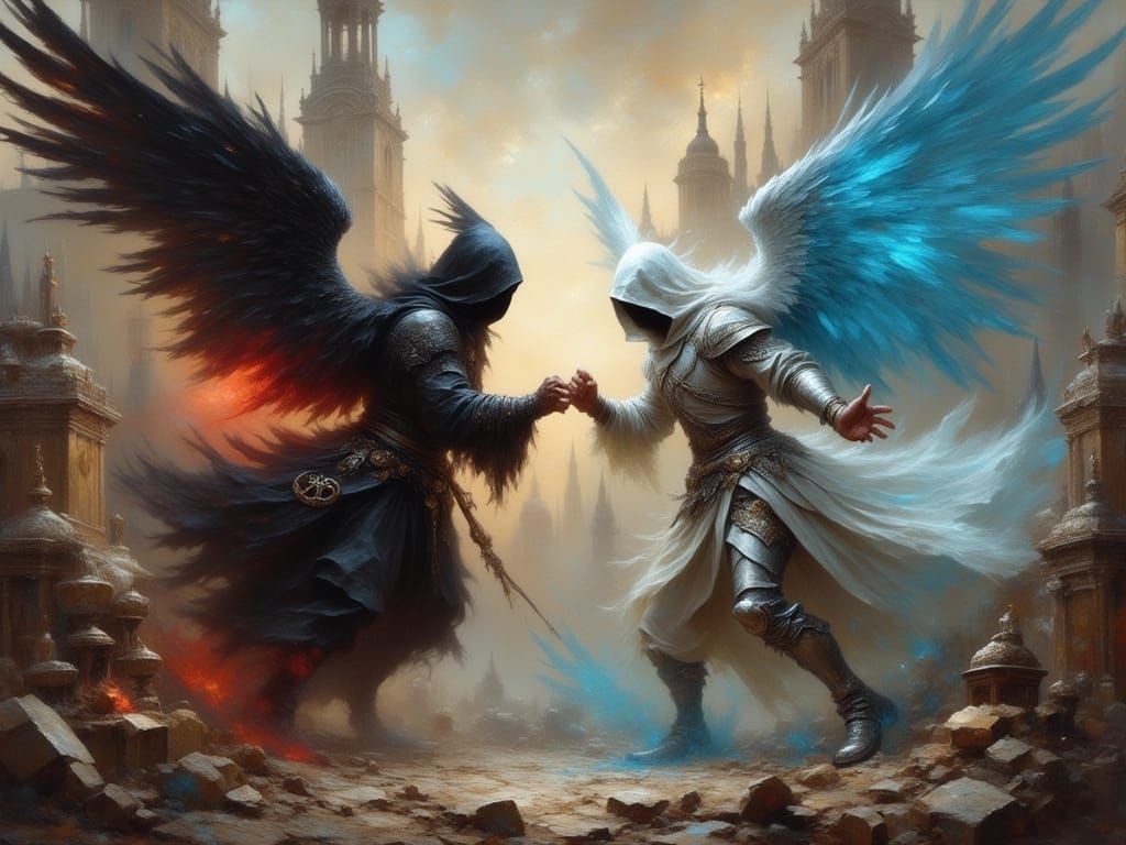 Angelic Battle Above Gothic City in Renaissance Style