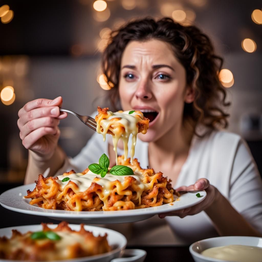 Woman Enjoys Delicious Baked Pasta Dish