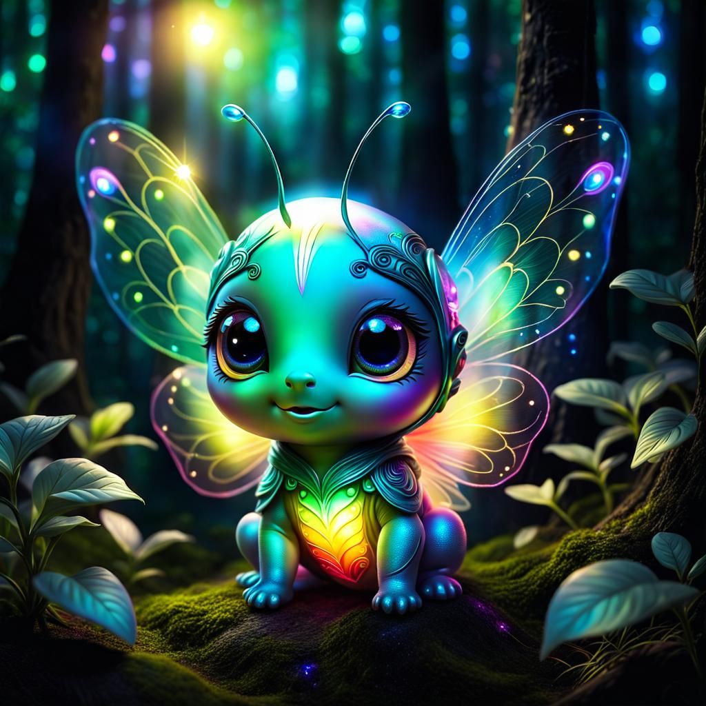 Luminous Chibi Alien-Firefly in Enchanted Forest
