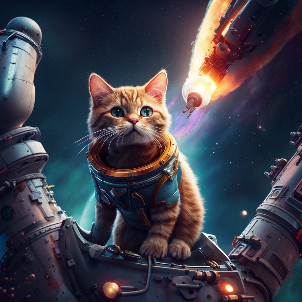 Cat Astronaut on Rocket in Space, Detailed Digital Art