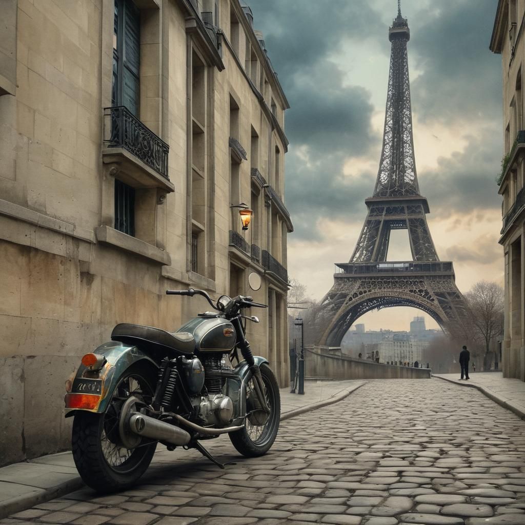 Eiffel Tower: Vintage Motorcycle in Watercolor