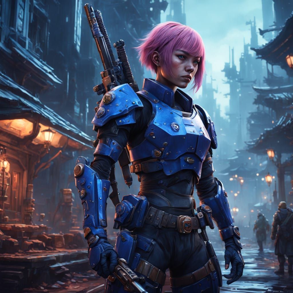 Cyborg Warrior in Navy Blue Armor, Inspired by Stylized Real...