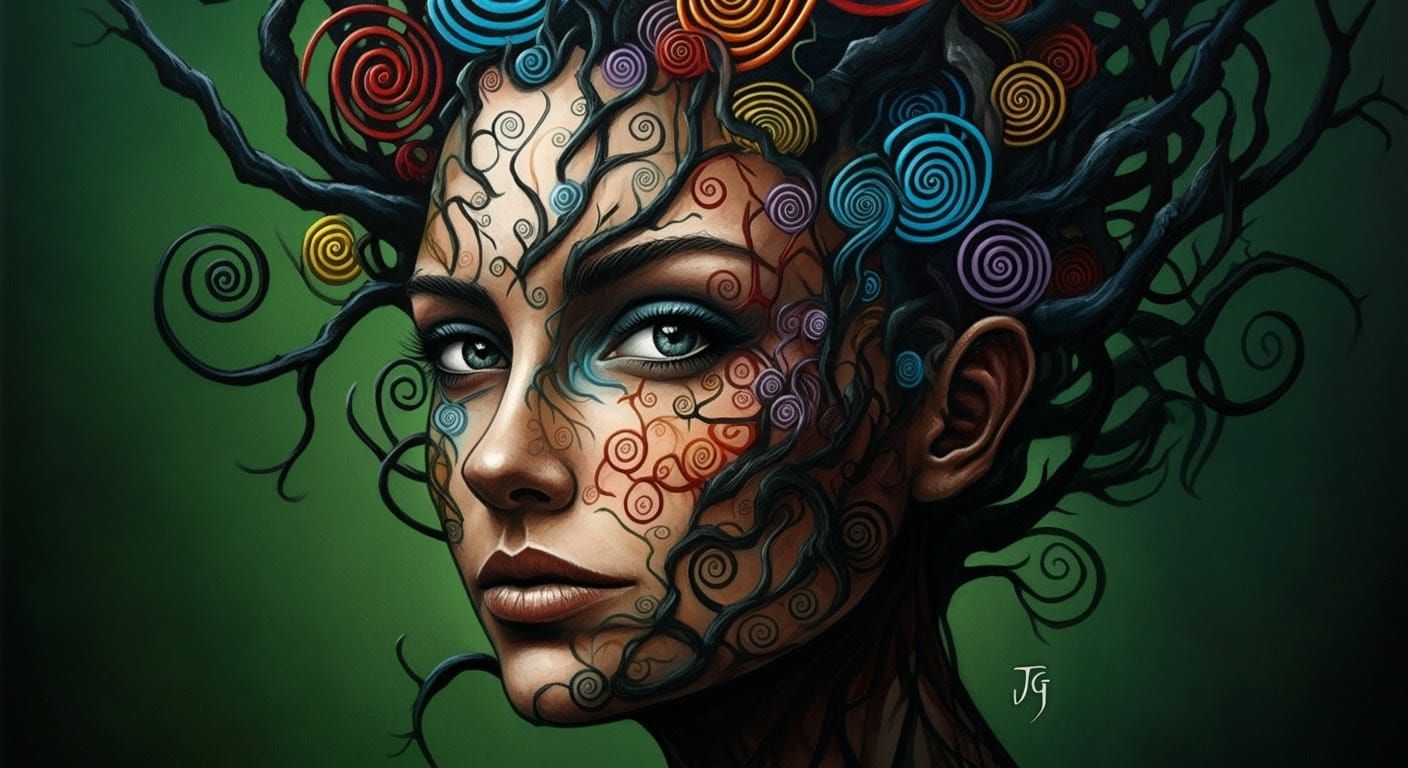 Surrealist Portrait in Emerald and Cyan Hues