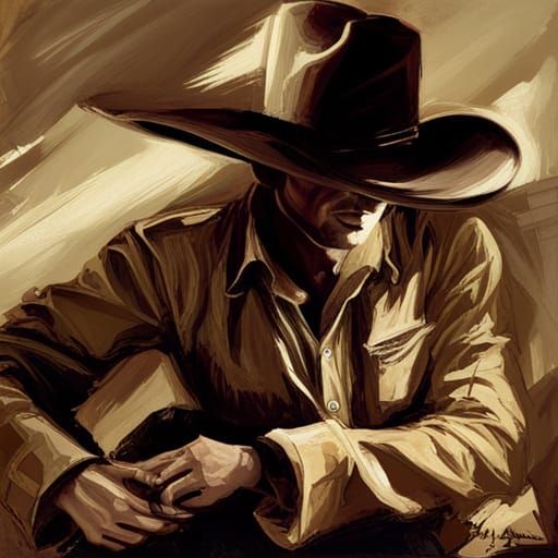 Cowboy Portrait with Oversized Hat in Contemporary Style