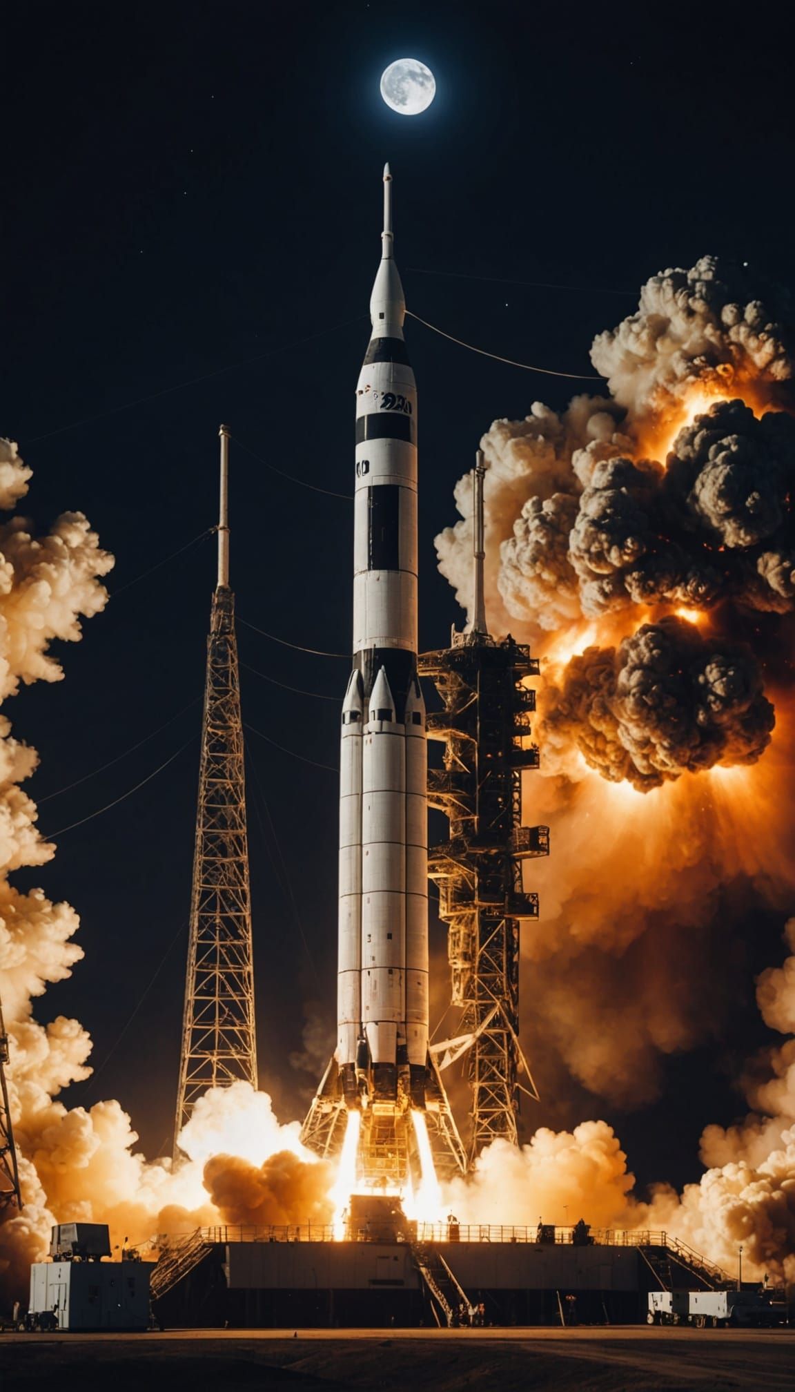 Apollo Saturn V Rocket Ignites with Moonlit Countdown