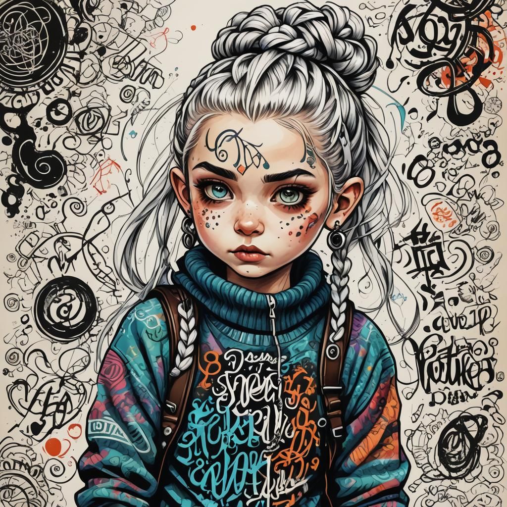 Colorful Ink Sketch of a Punk Girl with Braids