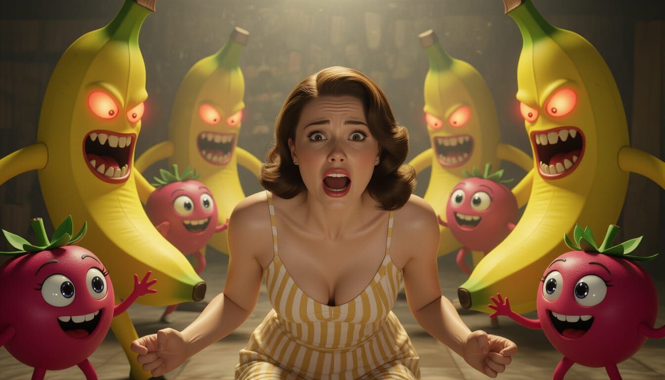 Woman Attacked by Bananas in Dramatic Lighting