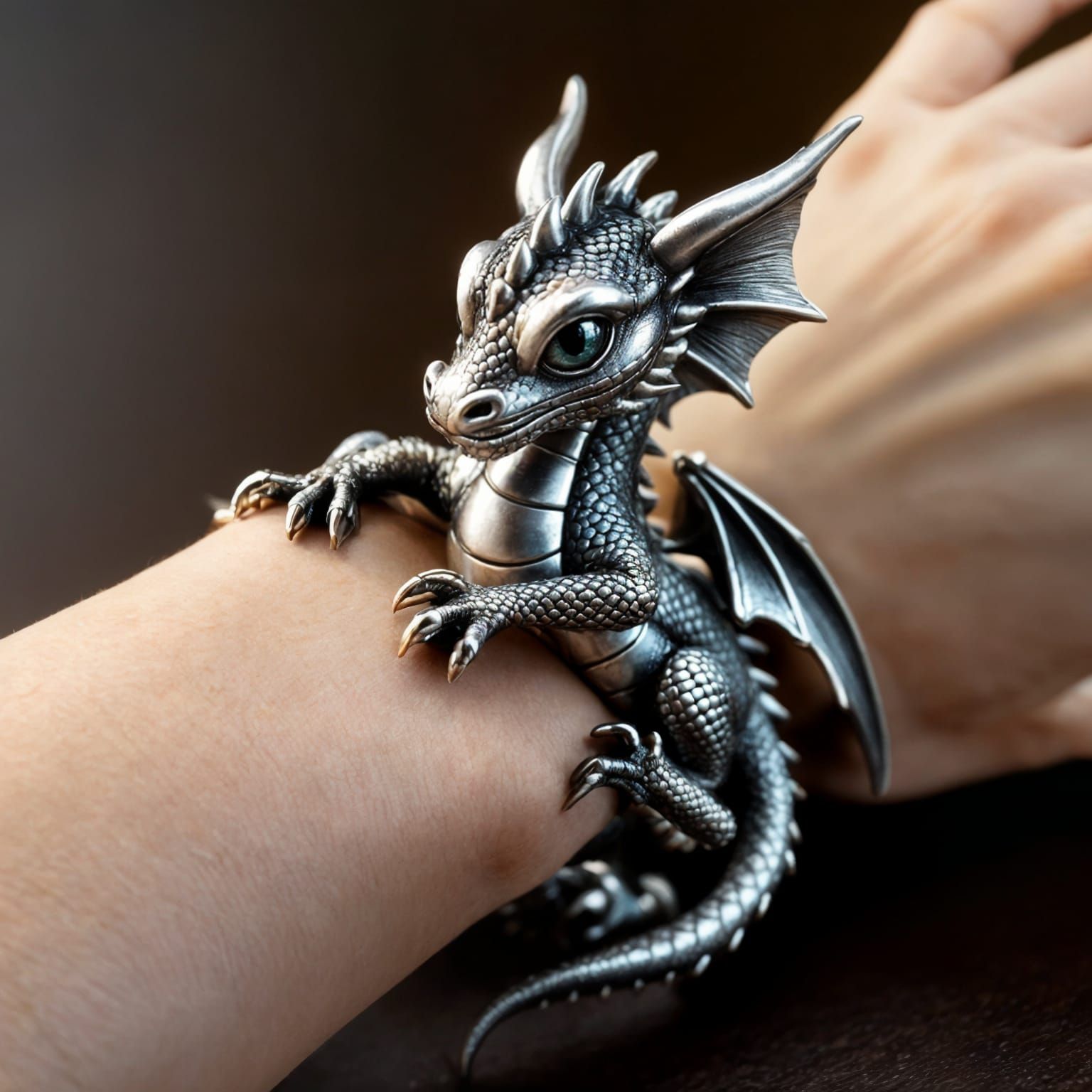 Surreal Silver Dragon Cuff in Photorealistic Detail