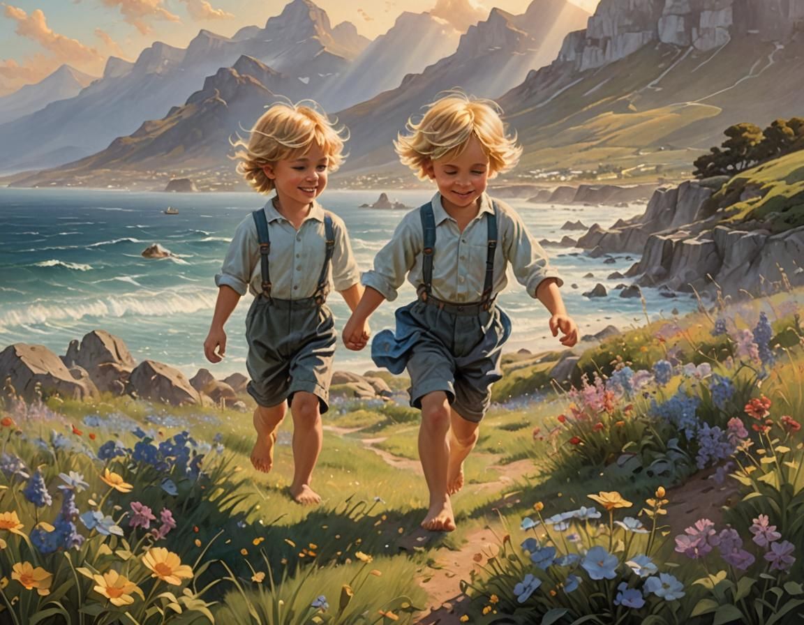 Boy Playing in Wildflower Field, Kinkade Style
