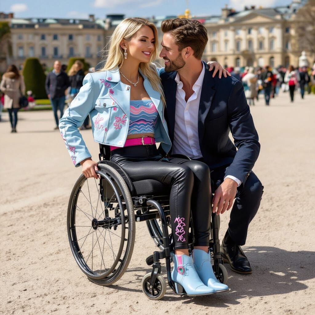 Woman in Wheelchair Shares Tender Kiss in Palace Garden