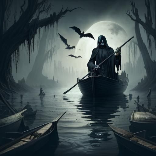 Grim Reaper's Journey: Gothic Art on Dark Waters