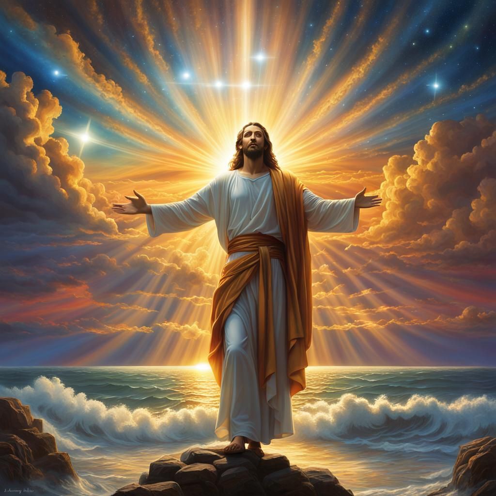 Sunrise Scene with Planets and Figure in Rembrandt Style