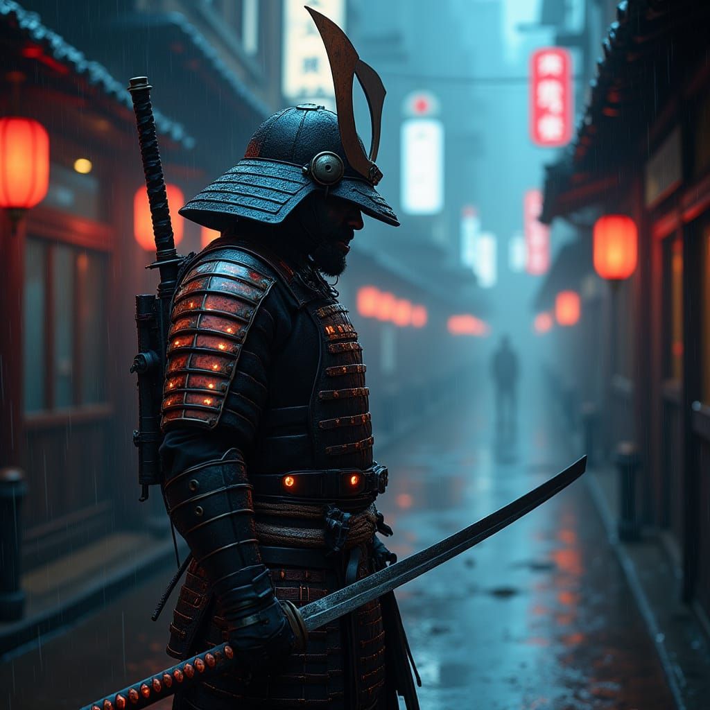 Cyberpunk Samurai Stands Guard in Neon Alleyway