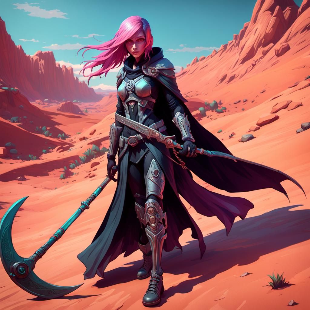 Pink Haired Reaper Posing with Scythe, Hyperdetailed Art