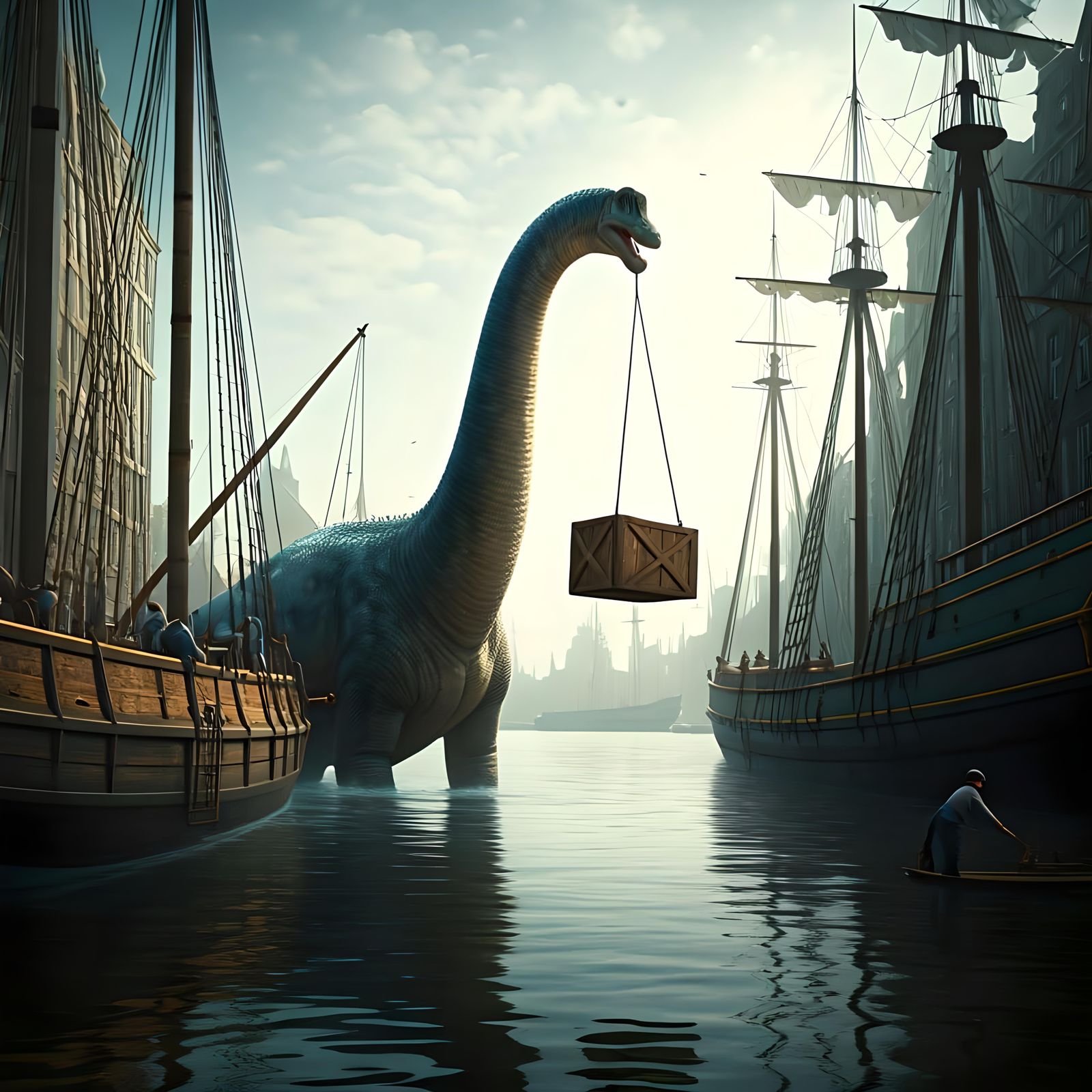 Brachiosaurus Loads Cargo in Old Amsterdam Harbor