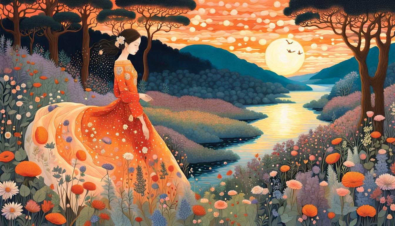 Sunset Hybrid in Enchanted Forest, Magical Realism