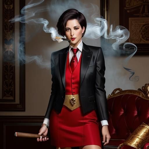 Confident Businesswomen Smoking Cigars in Red Skirt Suits