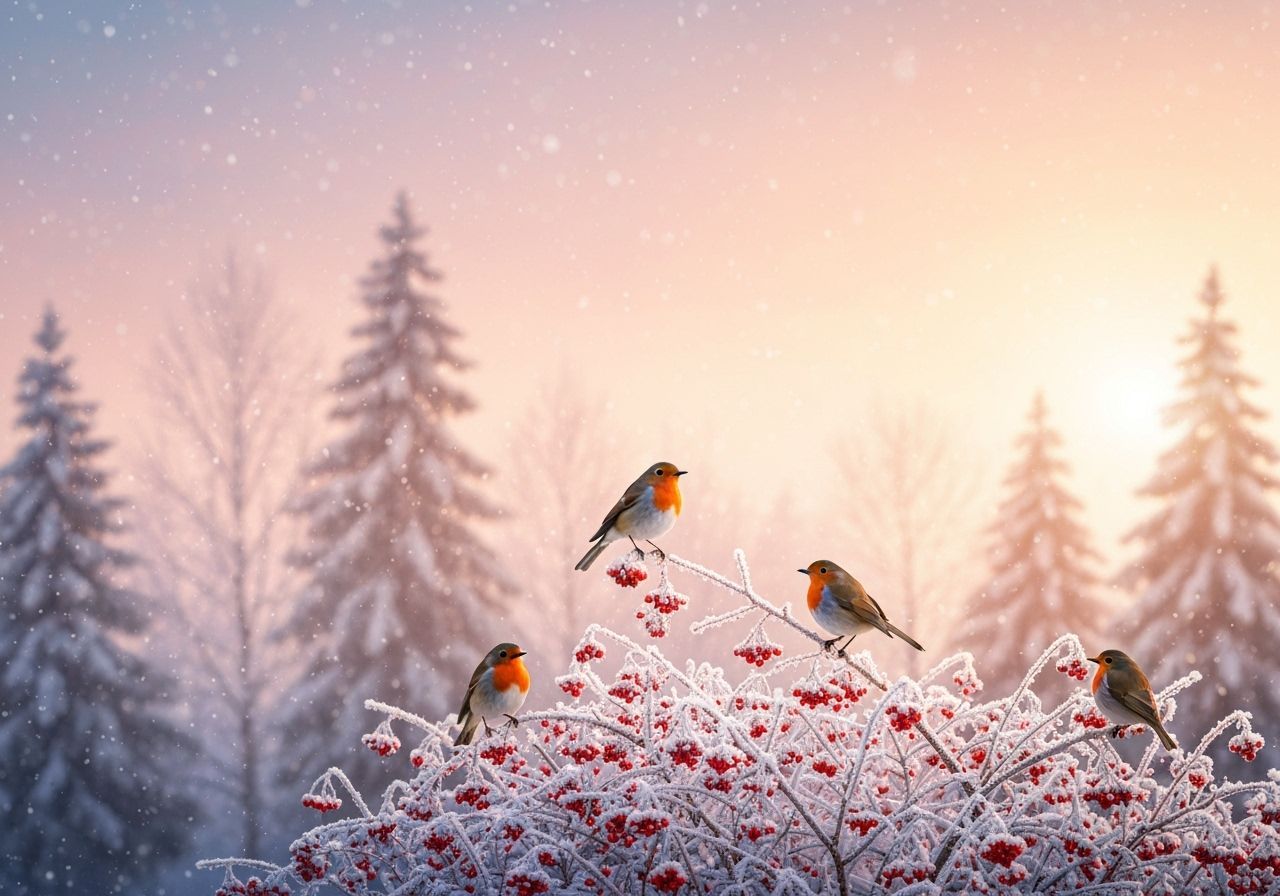 Robins on a Frosty Bush in Winter Scene