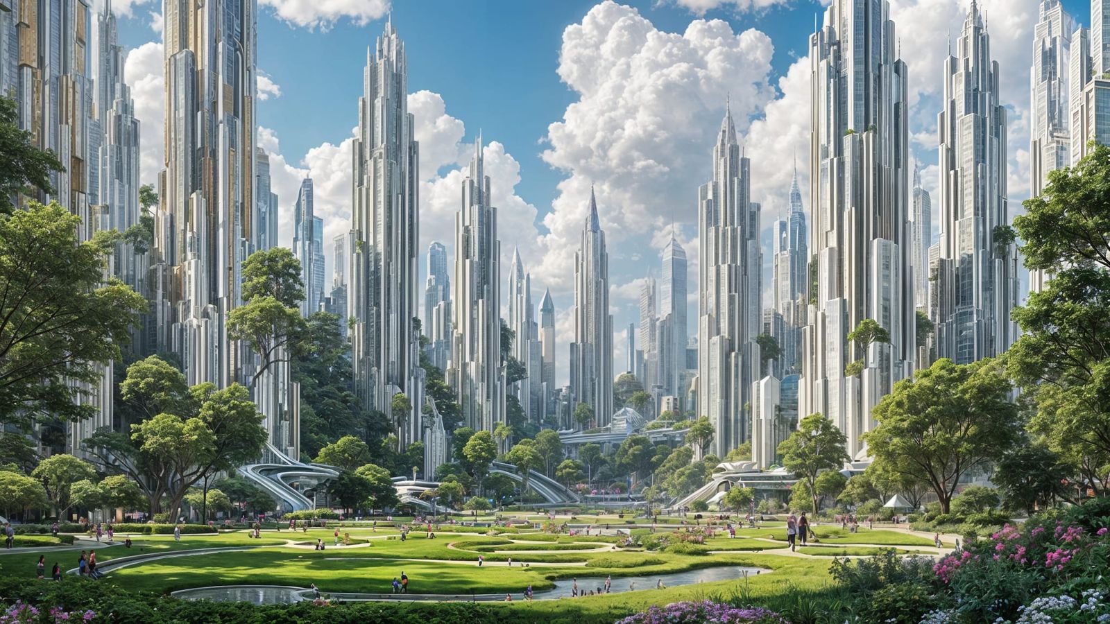 Futuristic City Park with Hyper-Detailed Buildings