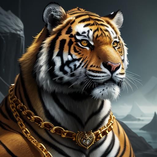 Tiger with Golden Chain Collar in Detailed Matte Painting
