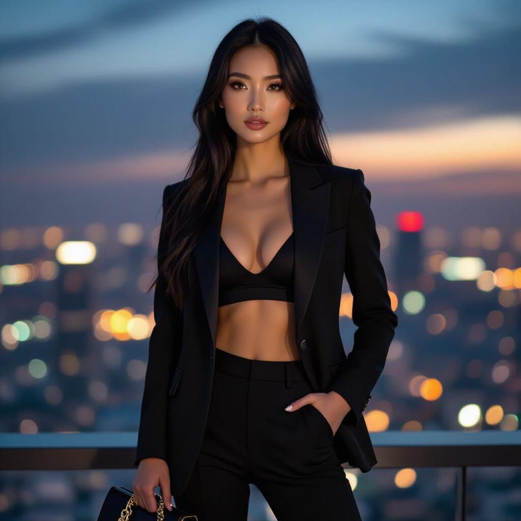 Oriental Woman in Black Suit with Luxury Bag in Night Citysc...