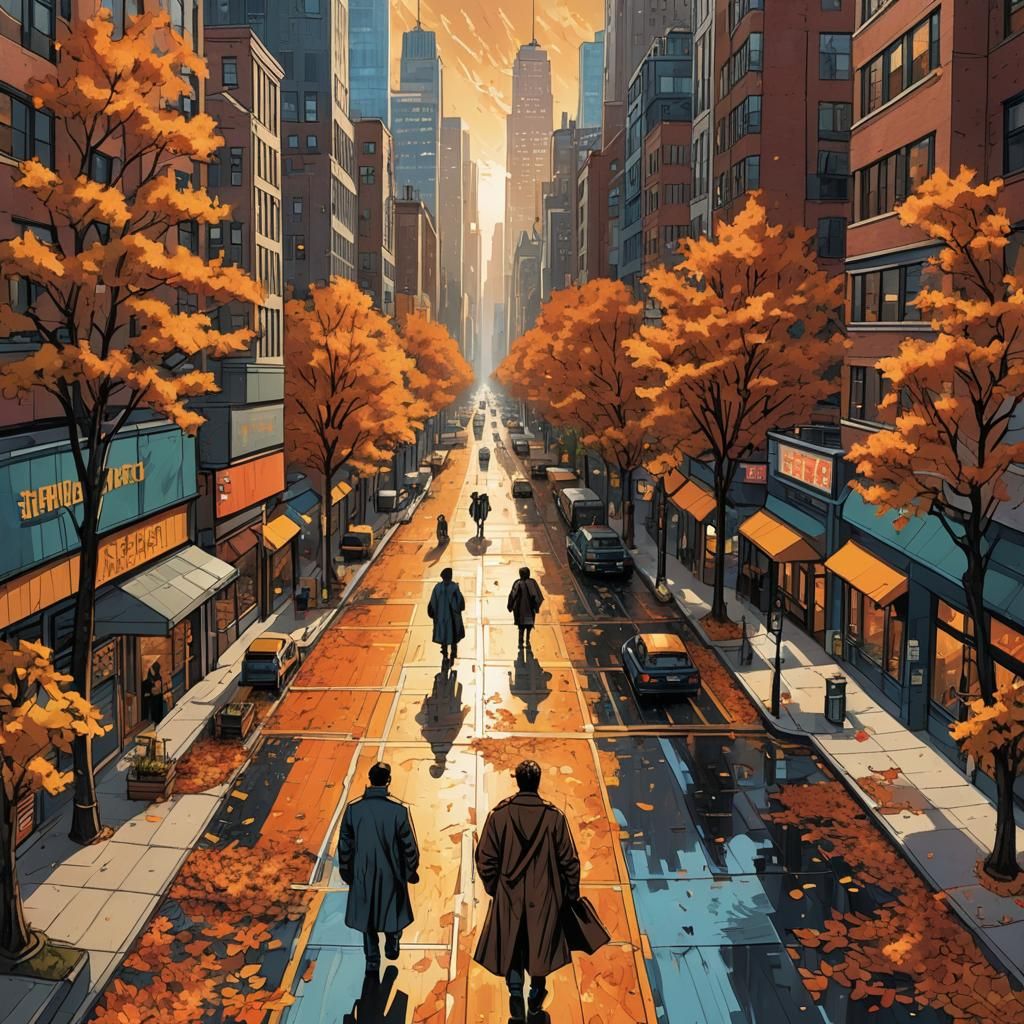 Sci-Fi Autumn Cityscape in Comic Book Style