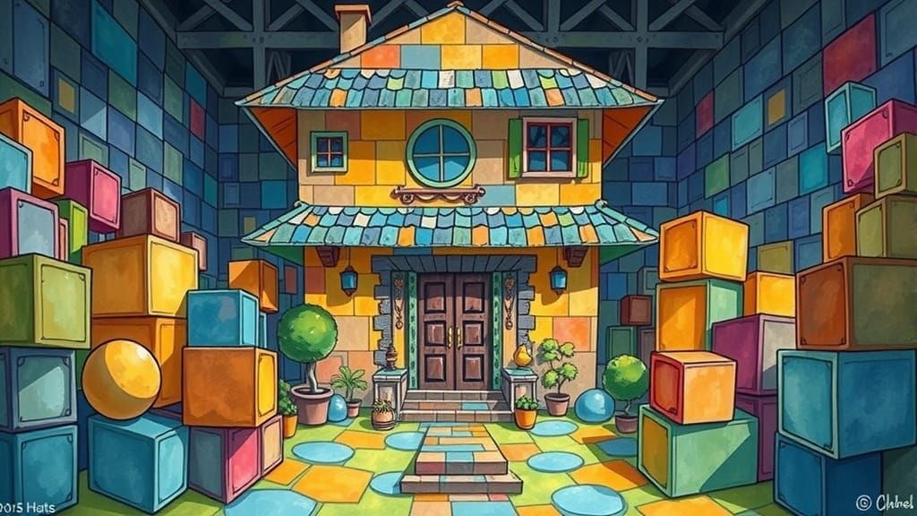Cheerful Block House in Watercolor Style