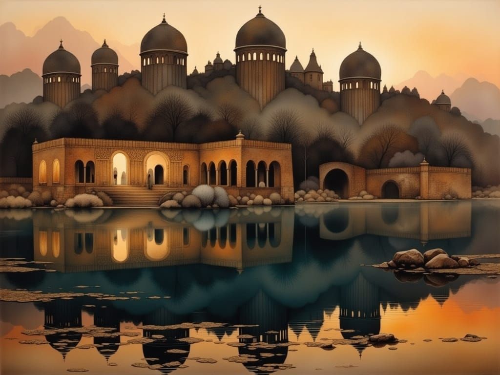 Surreal Arabian Ruins Reflected in Serene Lake at Sunset