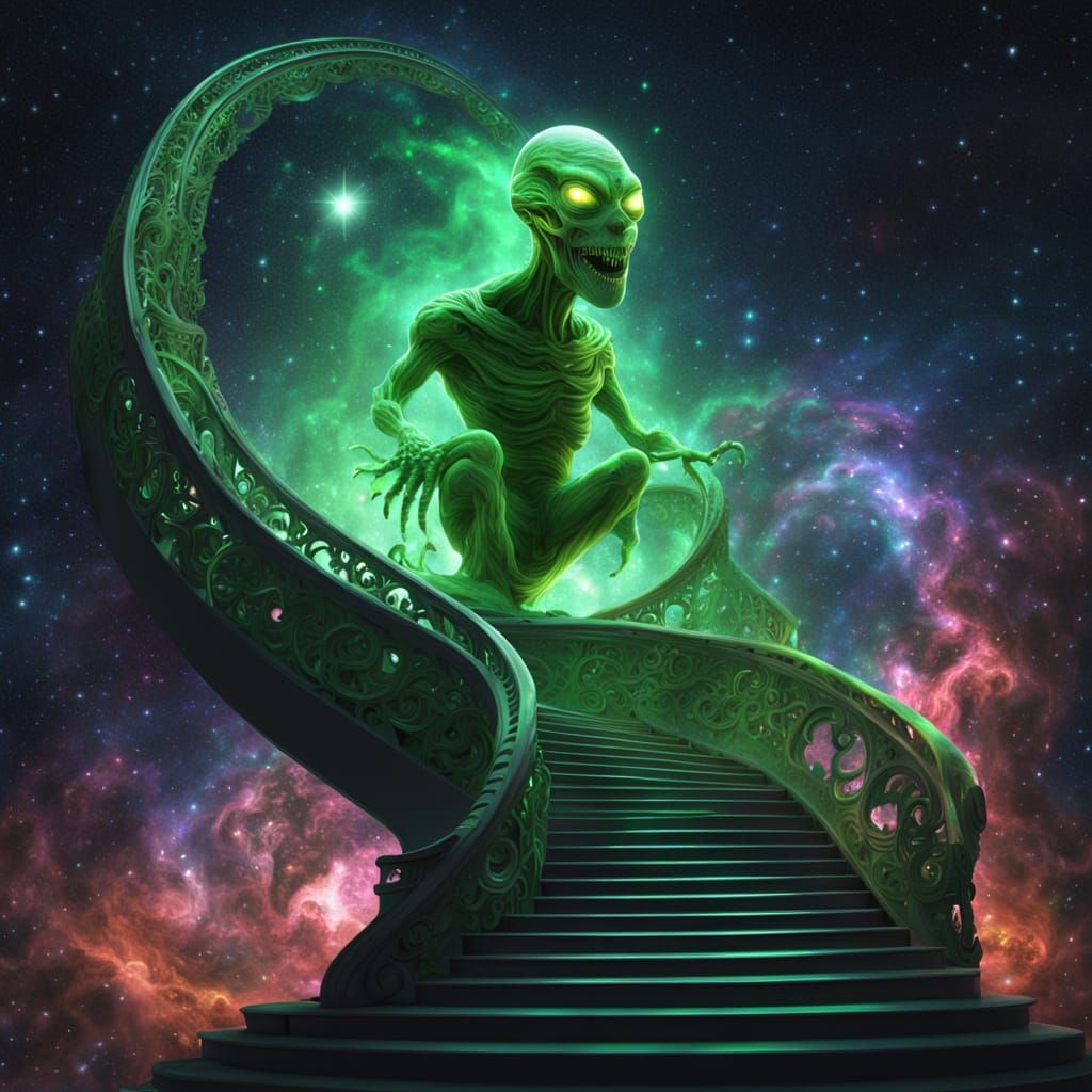 Green Alien on Wax Staircase in Nebula