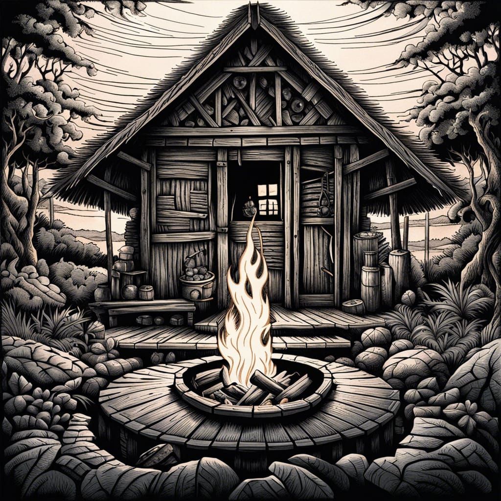 Detailed Ink Drawing of African Shack Landscape