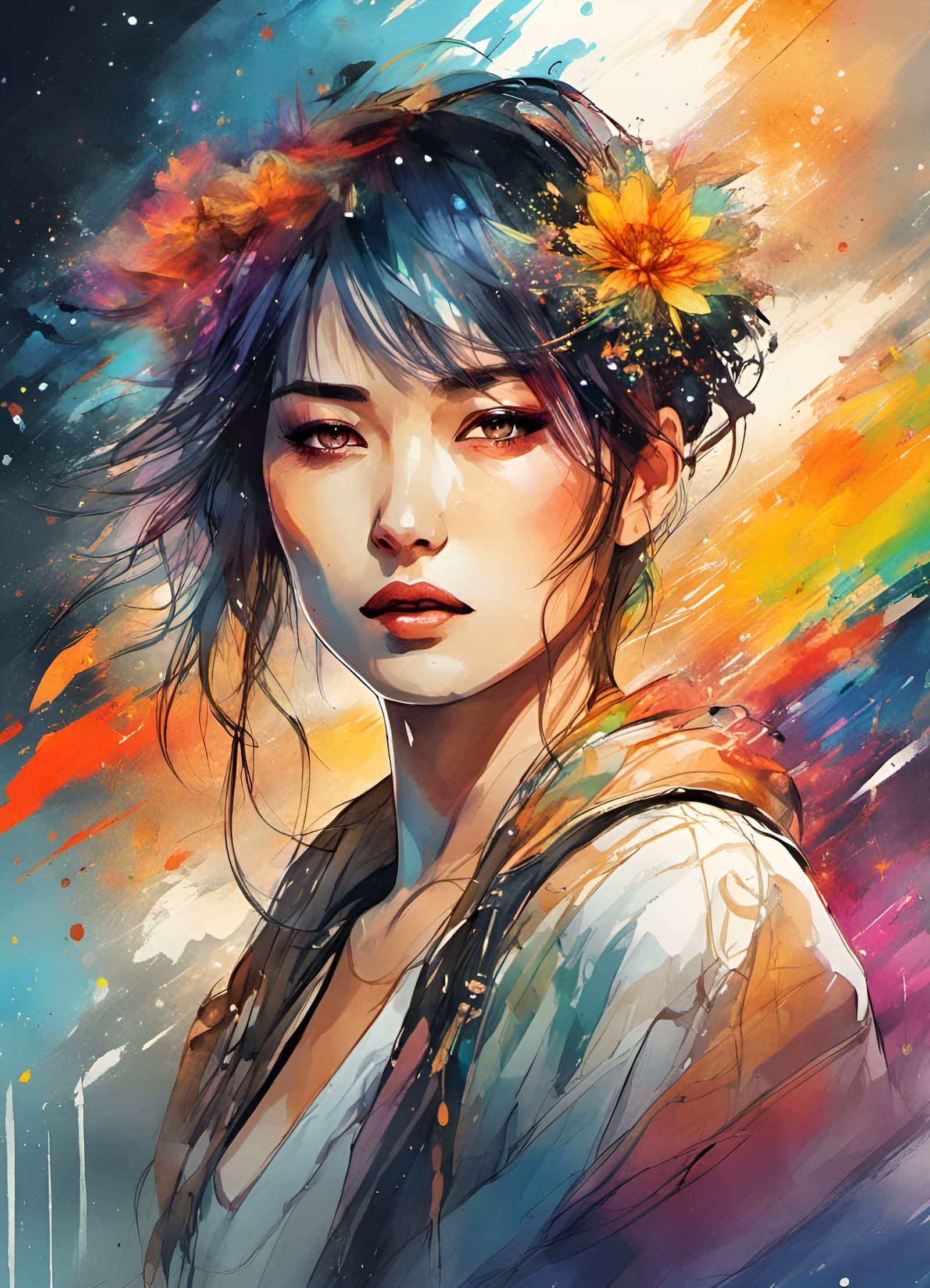Sunrise Portrait: Gorgeous Goddess in Watercolor Anime Style
