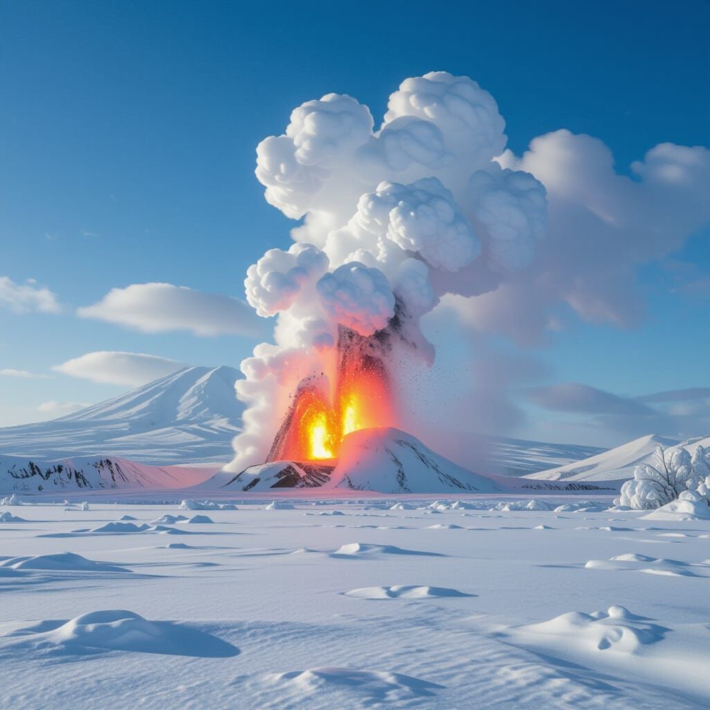 Volcano Erupts in Snowy Landscape