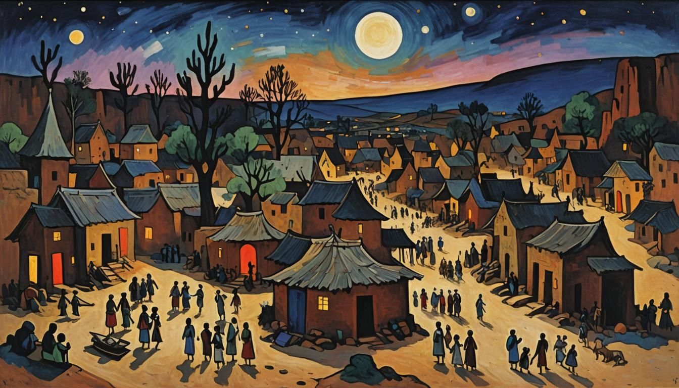 Dogon Village at Night: Kandinsky Inspired Painting