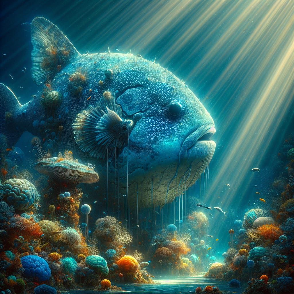 Ocean Sunfish in a Luminescent Coral Reef