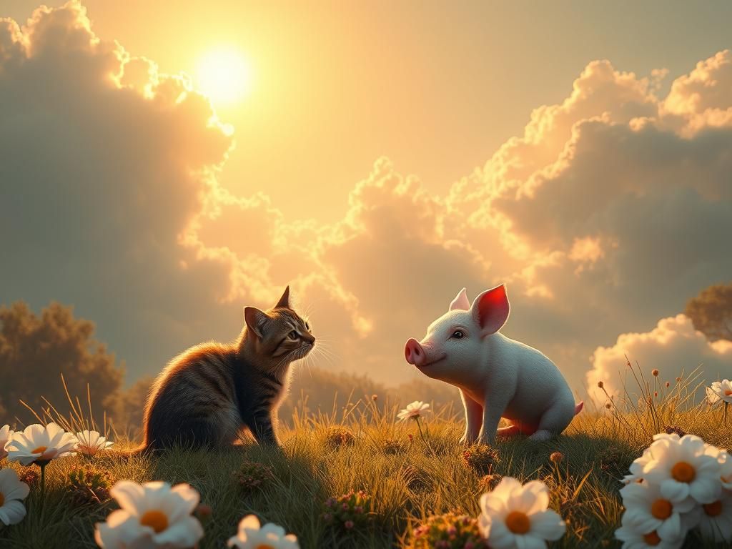 Cat and Pig Chat in Sun-Drenched Landscape