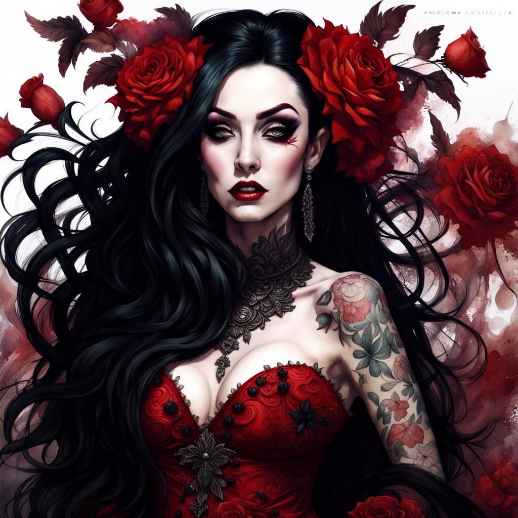 Vampire with Floral Gown in Hyperdetailed Style