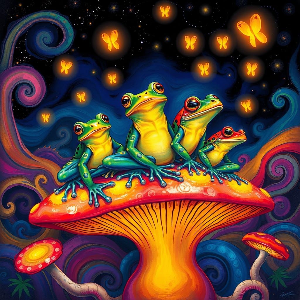 Psychedelic Frogs on Toadstools in Surreal Landscape